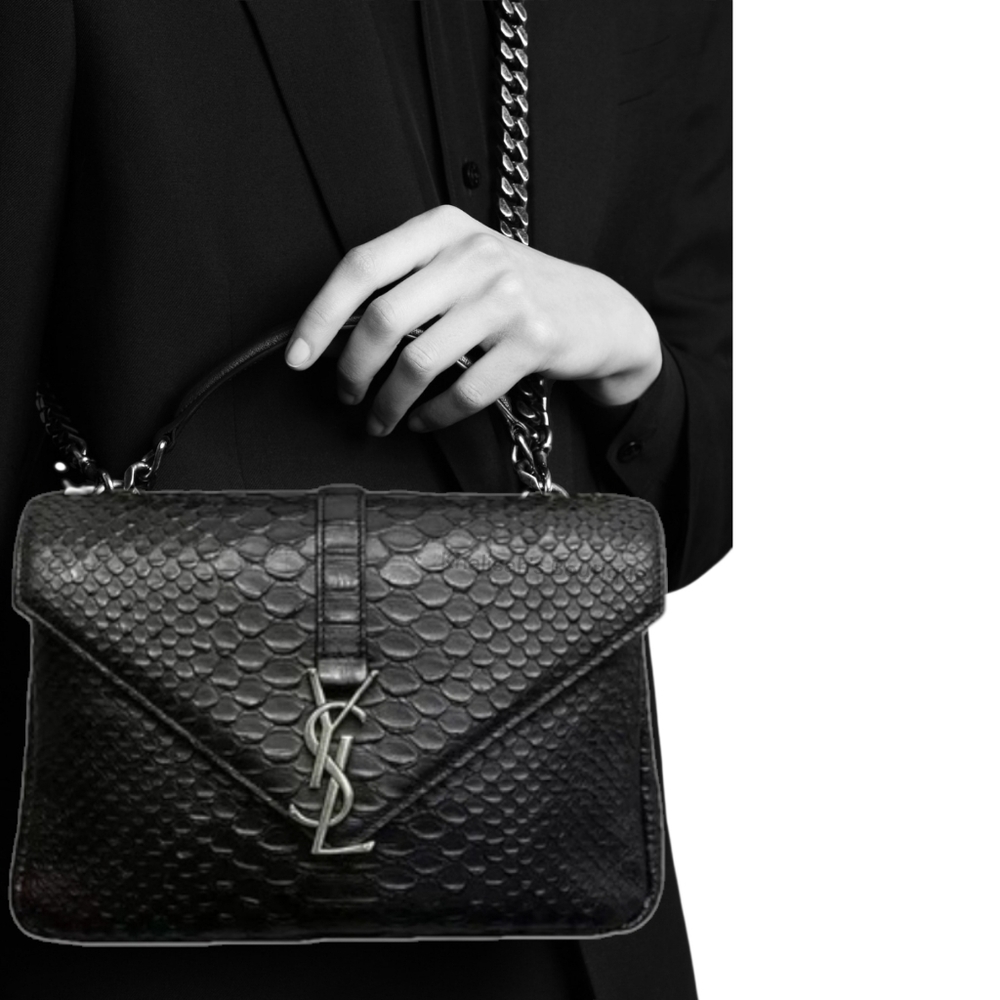 Like NEW! YSL Saint Laurent Calfskin Python Embossed Medium College Bag Black